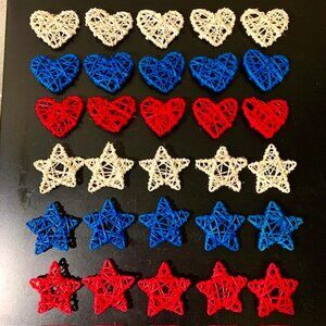 NWOB 30 Piece 4th of July Star & Heart Shaped Rattan Decorations